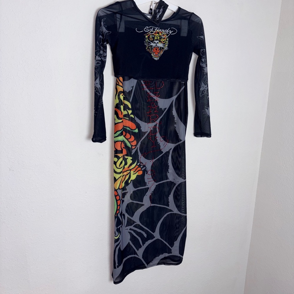 Ed Hardy Mesh Cover Up Set Medium Black New Tattoo Tiger Rhinestone 2 Piece Y2K